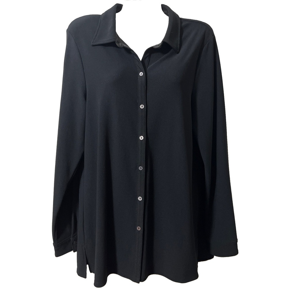 Boston Proper Long Sleeve Black Blouse M Side Hem Slit Smooth Soft Drape